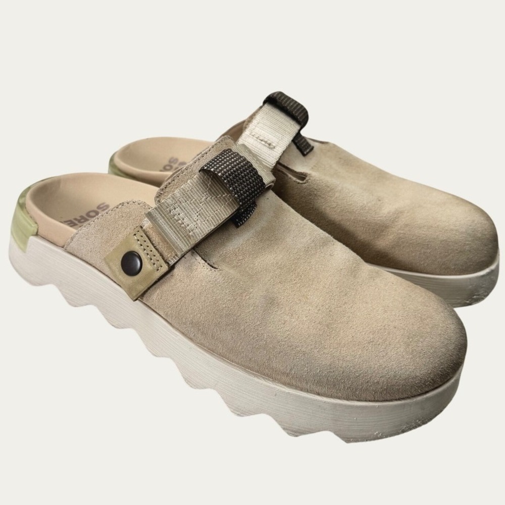 Sorel Kinetic Impact II Mule Womens 8 Tan Suede Scalloped Sole Clogs NL4971-260
